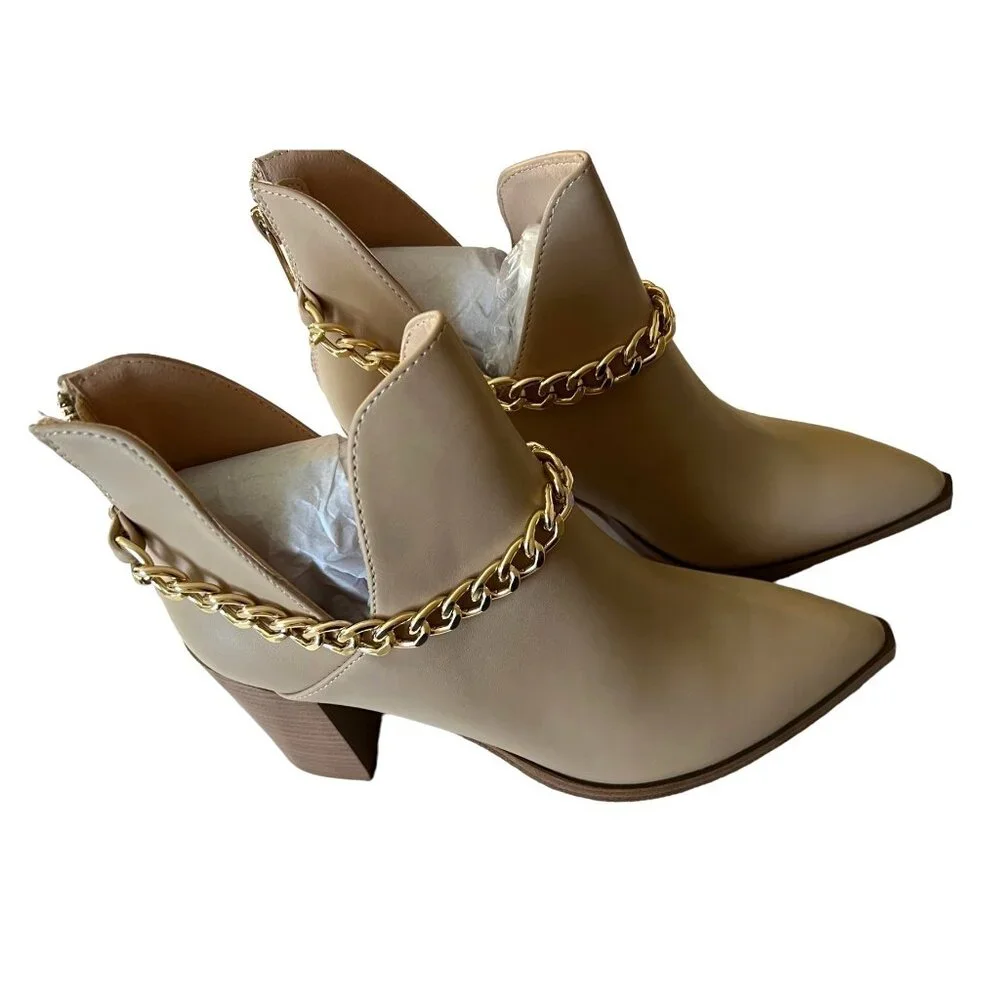 Women's Cutout Ankle‎ Booties Boots With Gold Chain Almond Toe Western Style